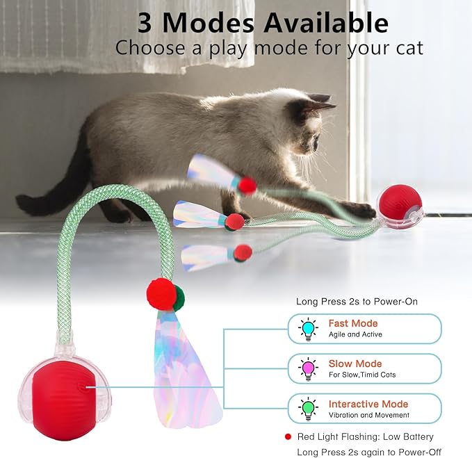 SUPERSUN Interactive Cat Toy Balls, Automatic Rolling Cat Tease Ball with Bird Chirping Sound & 3 Modes, Rechargeable USB Kitten Toys for Indoor Cats, 2 Fun Flexible Tails Stimulate Hunting Instincts