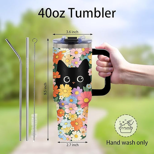 Black Cat & Floral Tumbler 40oz with Handle and Straws, Leak - proof, Stainless Steel Insulated Travel Coffee Mugs Vintage Flora & Cute Cat Print Cup Gifts for Women, Girls, Birthday, Christmas