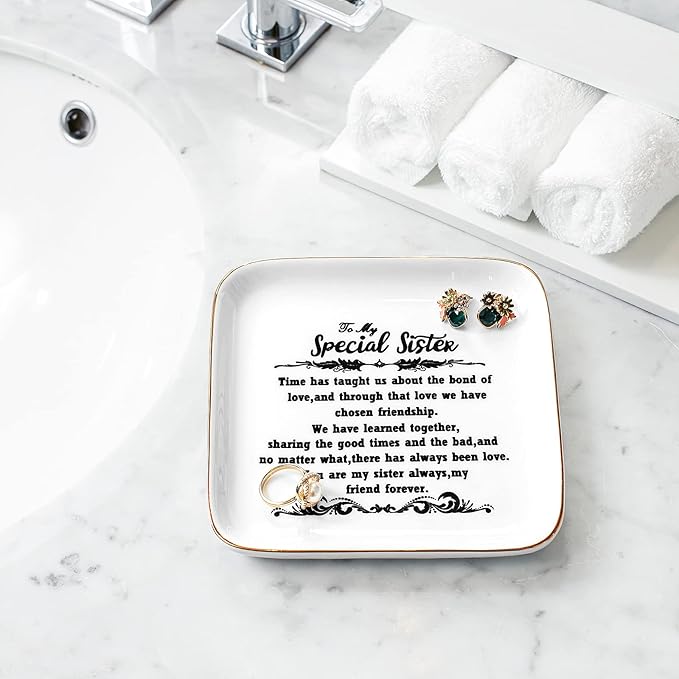 PUDDING CABIN Mother's Day Sister Gifts from Sister Birthday Gifts, Ceramic 5.5inch Jewelry Dish Ring Tray - “You are My Sisters Always, My Friend Forever Gift for Big or Little Sisters