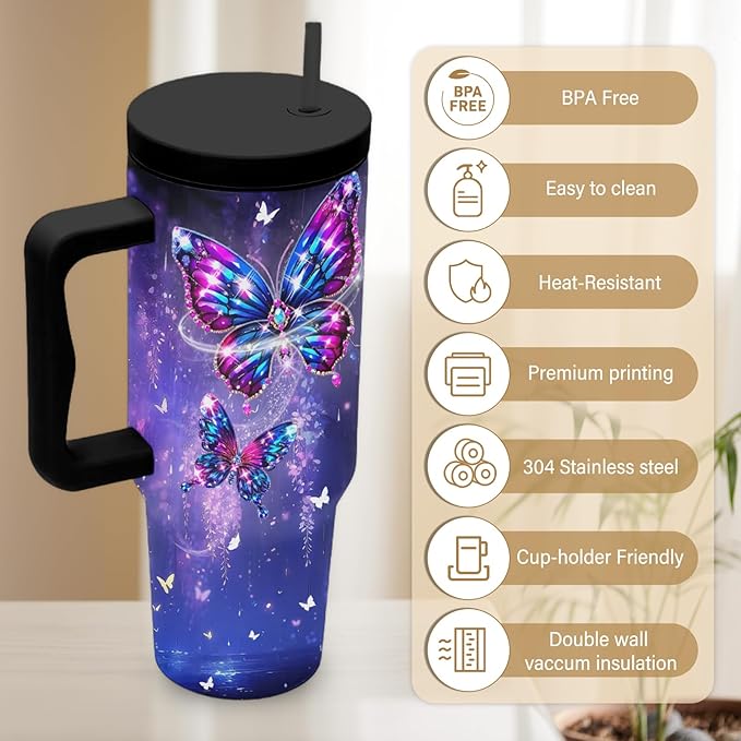 Butterfly Gifts For Women, Butterfly Cup Leak Proof Tumbler With Handle 40 Oz, Birthday Christmas Gifts For Women Girl Wife, Purple Gem Bling Cup, Christmas Travel Coffee Tumbler