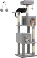 MUTTROS 62-Inch Cat Tree for Indoor Cats, Large Cat Tower with Scratching Posts for Large Cats, 2 Bigger Plush Condos, Padded Platform, Soft Cat Bed and Scratching Pad, 2 Pompoms, Gray
