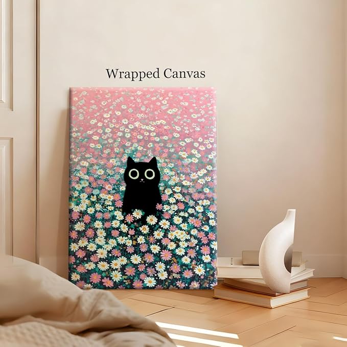 Black Cat Canvas Wall Art, Cute Cat In Daisies Meadow Poster, Adorable Animal Picture, Pink White Flowers Print Painting for Bedroom, Nursery Wall Decor Pet Lover Gift 24x36in Wrapped Canvas
