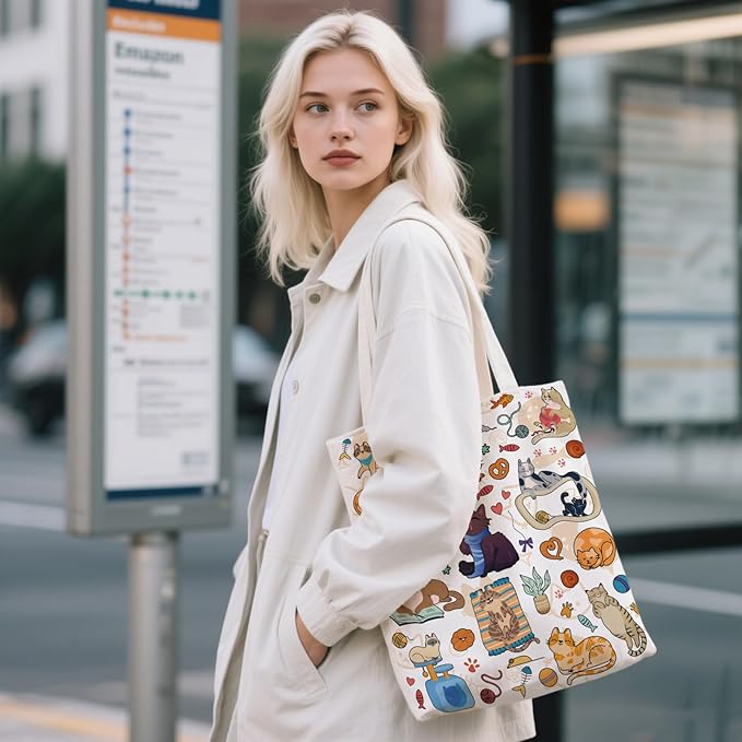 Aesthetic Canvas Tote Bag for Women - with Magnetic Snap Closure & Zipper Inner Pocket Reusable Bag for Shopping