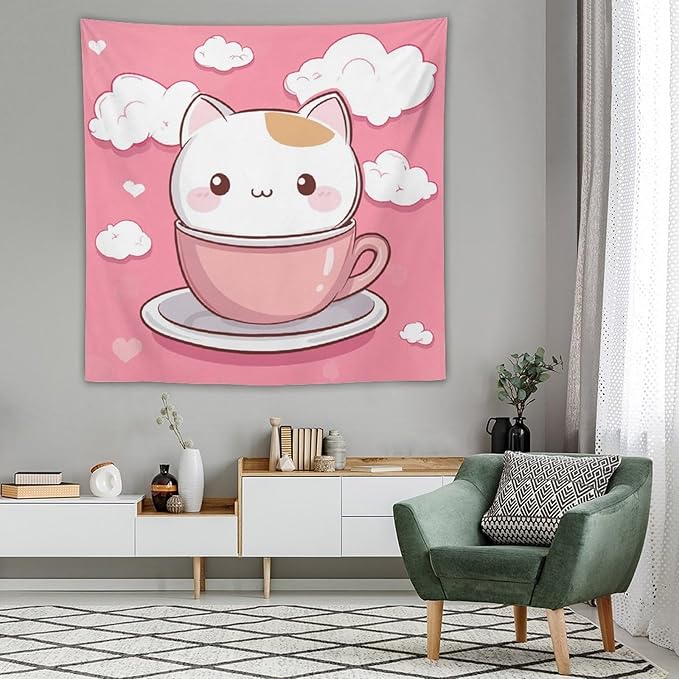 Tapestry Kawaii Cat Wall Art Tapestry for Bedroom Aesthetic Cute Cat Kitten Wall Tapestries Wall Hanging for Bedroom Landscape 60"x60" Wall Hanging for Home Decor Bedroom Living Room Dorm Decor