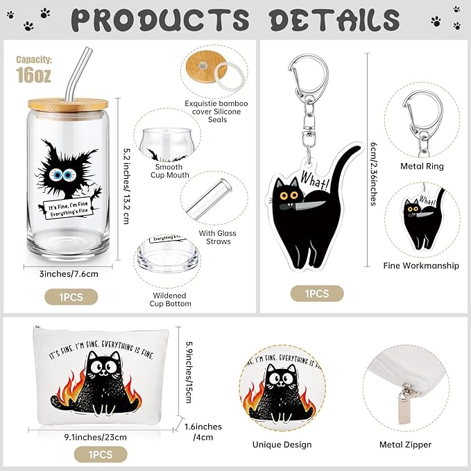 Hushee 3 Pcs Cat Lover Gifts for Women Gifts Everything Is Fine Makeup Bag and Glass Cup with Lid Straw Keychain for Mother Day Friends Mom Coworker Favors