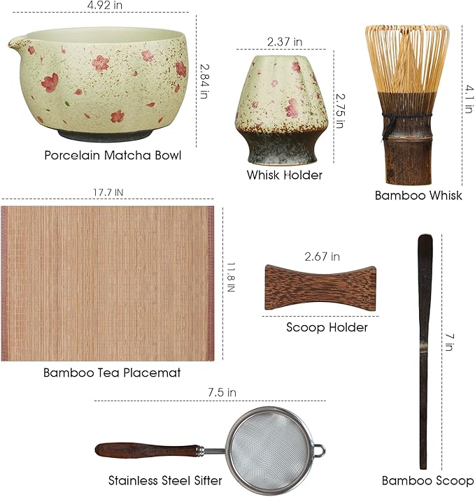 Matcha Whisk Set, 7-Piece Matcha Kit with Ceramic Bowl, Bamboo Whisk, Scoop, Sifter, Holder & Bamboo Mat – Premium Matcha Tea Set for Beginners & Matcha Lovers, Gift Ready