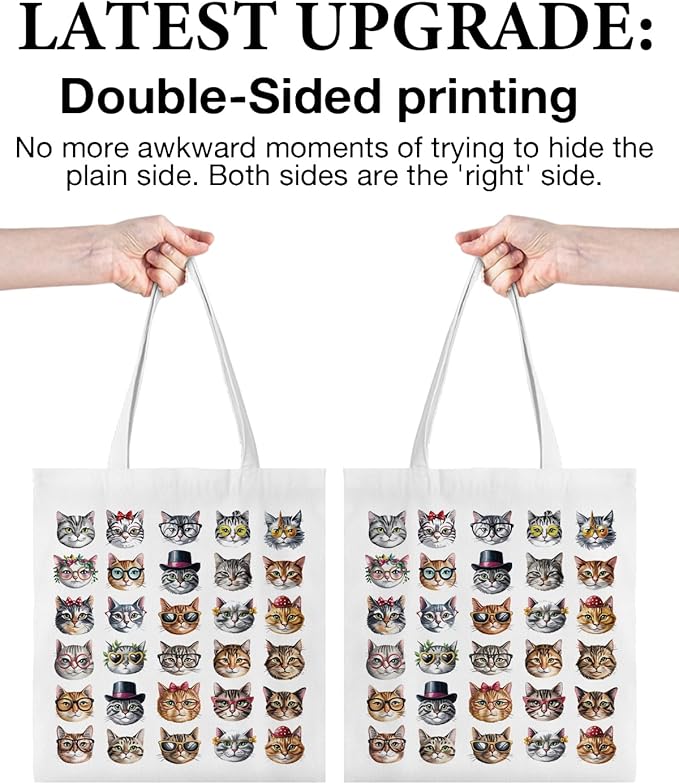 Cute Cat Canvas Tote Bag for Women Funny Cat Bag for Shopping Work Travel Lover Totes Gifts