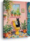 Funny Cat on Toilet Wall Art, Cat Lover Gifts, Cute Animal Theme Vintage Botanical Framed Canvas Prints Room Decor, Pink Painting for Living Room Bathroom Bedroom Decoration 15x11.4 inch
