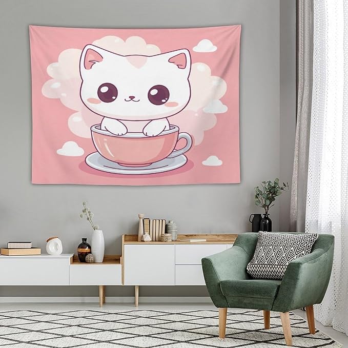 Tapestry Kawaii Cat Aesthetic Bedroom Tapestries Cat Lover Gifts Tapestry Wall Hanging Wall Hanging for Dorm Living Room Landscape 60"x80" Wall Hanging for Home Decor Bedroom Living Room Dorm Decor