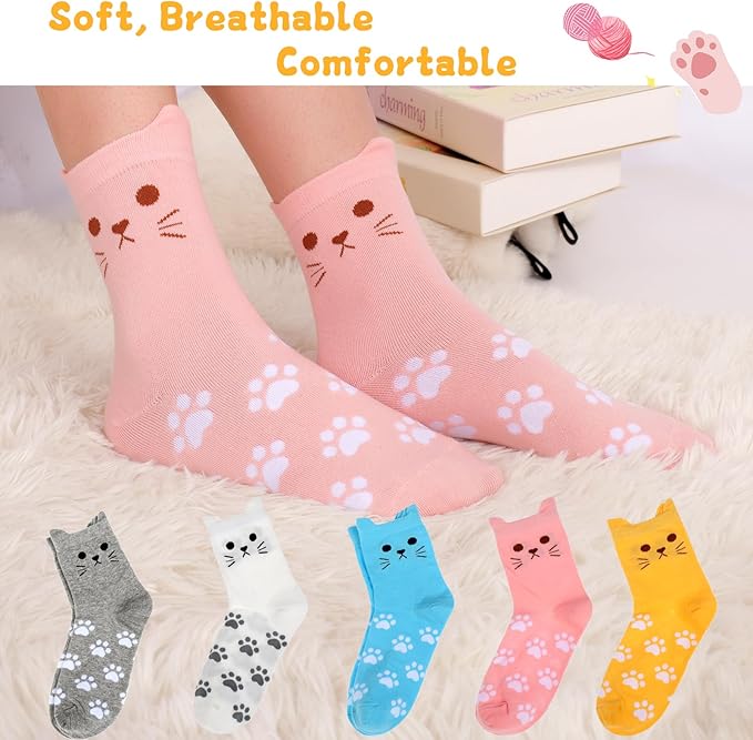 ZXGXLAW 5 Pack Women's Cat Socks Colorful Cute Funny Crew Socks,Novelty Gifts for Teenage Girls Girlfriend Animal Lovers
