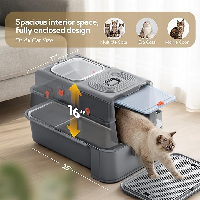 Soulbond Stainless Steel Cat Litter Box with Lid, Enclosed Large Metal Litter Box with Drawer and Flip Door for Big Cats, Top Entry, Odor Control, Easy to Clean (Grey)