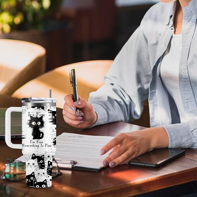 Cat Lover Gifts, Gift for Cats Lovers Women Men Girls Funny 30oz Black Cats Themed Tumbler Cups with Handle - Everything Is Fine Mug, Christmas Birthday Gift for Black Cat Mom Lady Gifts Cup