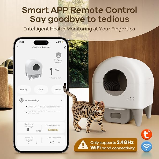 Automatic Cat Litter Box Self Cleaning Litter Box Large Capacity for Multiple Cats, App Control with Safety Sensors, Removable Washable Liner,2 Rolls Garbage Bags,Grey