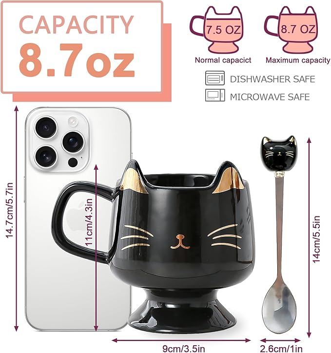 Christmas Mugs High-Footed Ceramic Cat Mug – 13.5oz Unique Coffee Cup with kitty Expression Design, Fun Gift for Women, Girls, Kids, Cat Lovers (black)