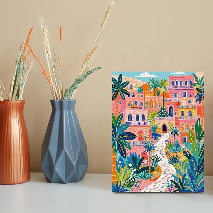 Pink Town Landscape Wall Art, Path with Palms Framed Canvas Print Modern Home Decor, Colorful Trendy Artwork Botanical Painting for Living Room Entryway Bedroom Office Decoration 15x11.4 inch