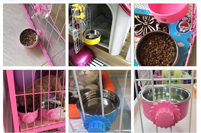 DEVILMAYCARE Pet Feeder Dog Bowl Stainless Steel Food Hanging Bowl Crates Cages Dog Parrot Bird Pet Drink Water Bowl Dish Accessory (L: 6''x2.2'', Pink)