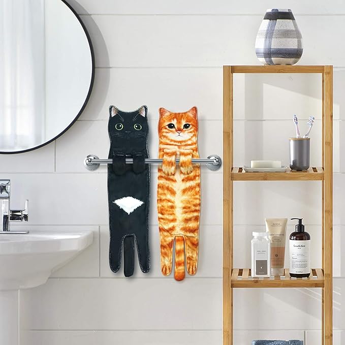 PAT JUUMG Funny Cat Hand Towels for Bathroom Kitchen Decor Cat Towel, Cute Decorative Hanging Face Towels, Super Absorbent Soft, Housewarming Gift, Cat Lovers Gifts for Women (2 Pack-Towel-02)