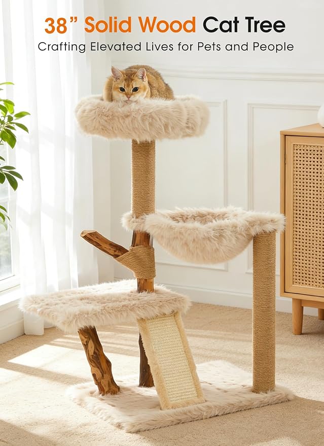 Letkind 38" Modern Cat Tree Tower for Large Indoor Cats, Perches-Natural Solid Wood Cat Tower with Sisal Scratching Post, Perches, Basket & Scratching Post, Aesthetic Boho Cat Furniture
