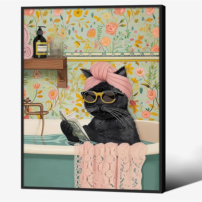 Funny Black Cat Bathroom Wall Art Cute Animal Reading Poster Trendy Preppy Aesthetic Canvas Prints 08x10 inch Black Framed for Living Room Bedroom Toilet Kids Room Wall Decor