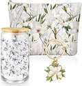 Hushee 3 Pcs Magnolia Theme Gifts For Mother Day Magnolia Makeup Bag and Glass Cup with Lid Straw Keychain Employee Appreciation Gifts for Friend Mom Coworker Staff