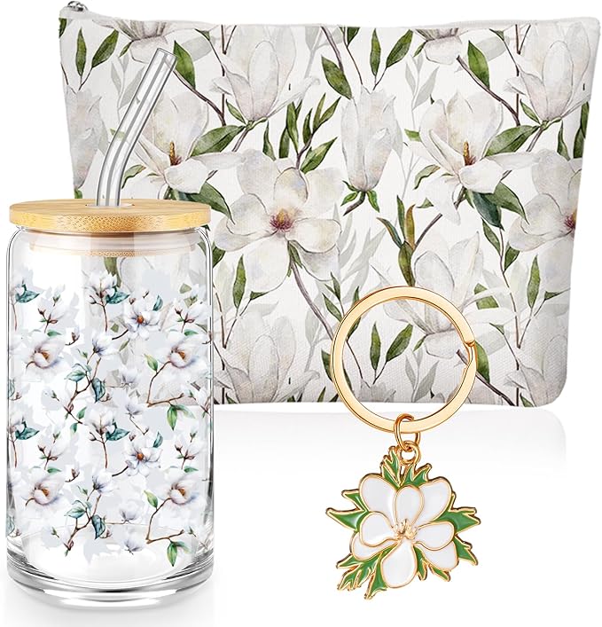 Hushee 3 Pcs Magnolia Theme Gifts For Mother Day Magnolia Makeup Bag and Glass Cup with Lid Straw Keychain Employee Appreciation Gifts for Friend Mom Coworker Staff