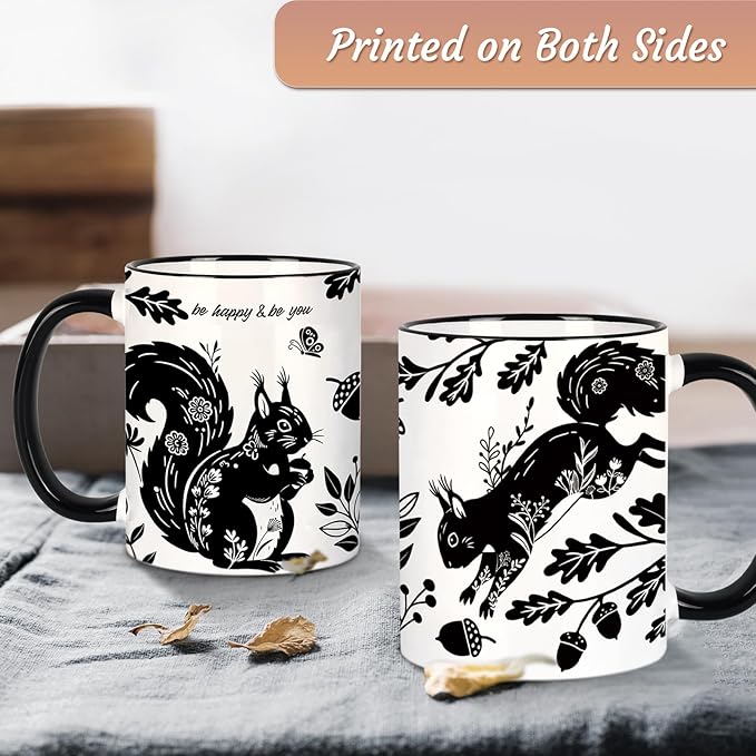Squirrel Mug 11Oz Mothers Day Birthday Gifts for Women,Squirrel Gifts for Women, Black and White Boho Mug, Holiday Birthday Gift for Animal Lovers Ceramic Coffee Cup Microwave & Dishwasher Safe