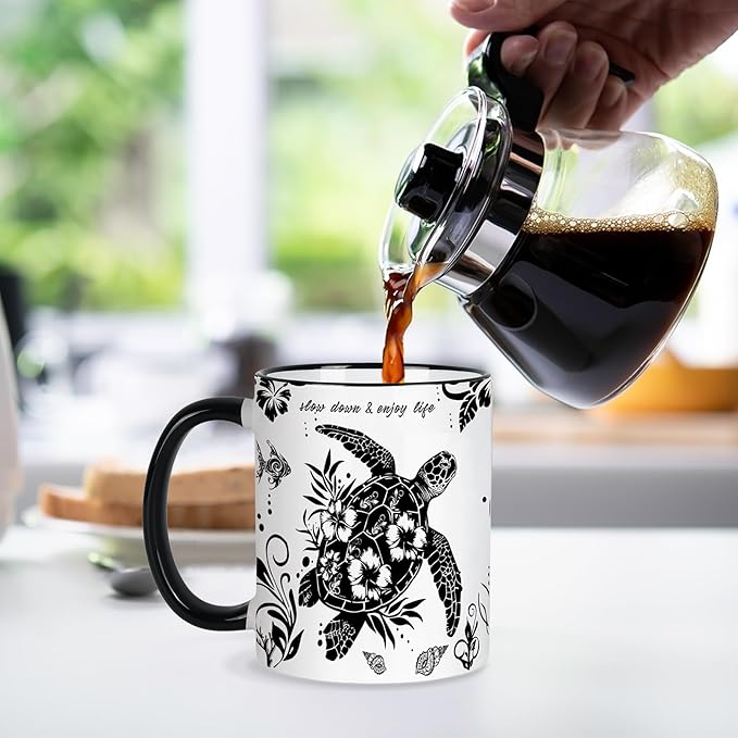Sea Turtle Coffee Mug 11 Oz Sea Turtle Gifts Mothers Day Birthday Gift for Women Men, Boho Black and White Coffee Mug, Birthday Gifts for Friends Ceramic Mugs Microwave and Dishwasher Safe