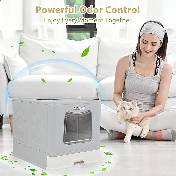 AiQInu Cat Litter Box wtih Lid and Scoop - Foldable Large Enclosed Litter Box with High Sided Enclosure, Front Entry Top Exit, Odor Control, Anti Leakage No Smell, Easy Cleaning Height 15 inches