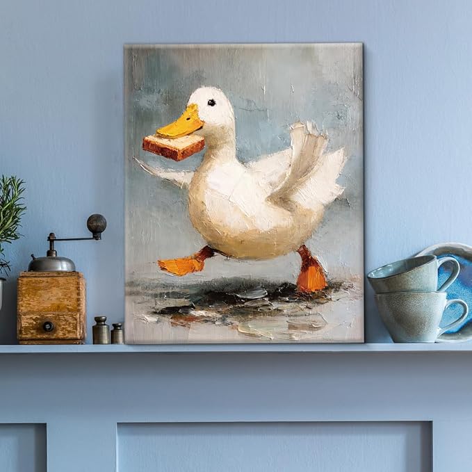 Vintage Funny Duck Wall Art Decor Cute Duck with Bread Print Picture Cottagecore Wall Decor for Home Farmhouse Living Room 8x10 Inch Canvas Framed
