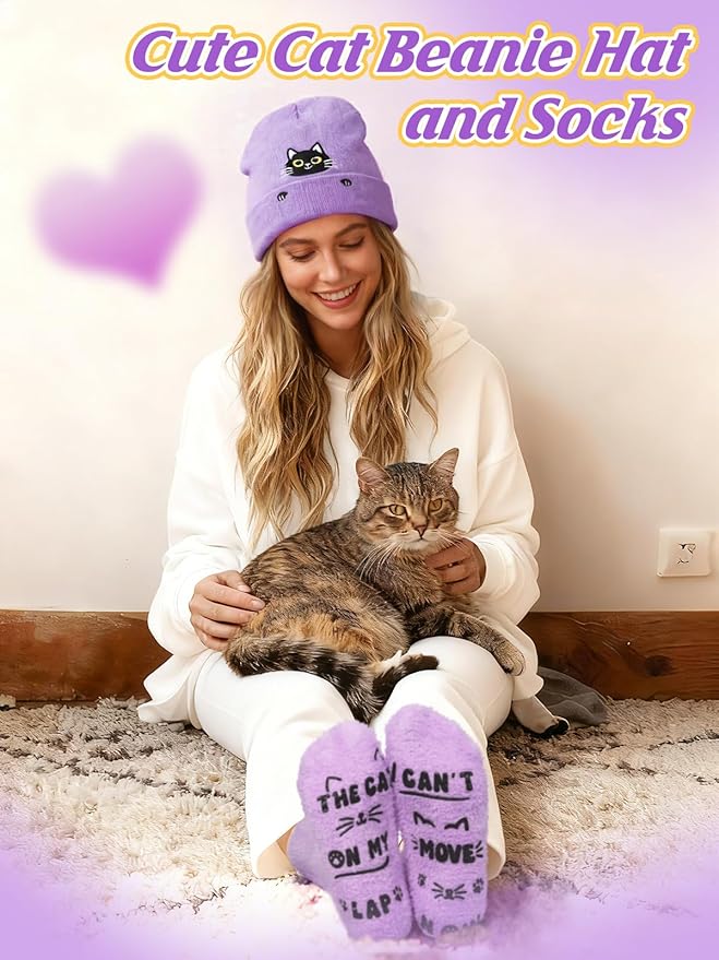 Cat Beanie and Funny Socks for Women - Cute Warm Gifts for Cat Lovers