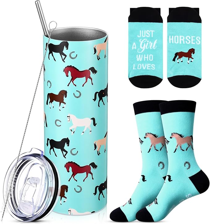 Funnymoom 2 Pack Horse Gifts Set Skinny Tumbler 20 oz Travel Coffee Mug Novelty Cute Animals Socks, Cute Horse Themed for Birthday Christmas Farm Gifts