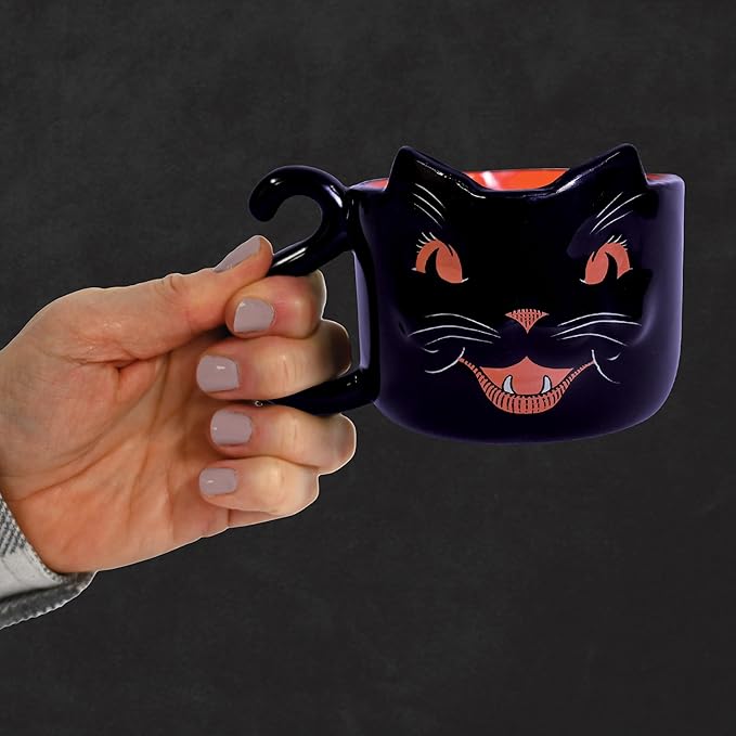 Beistle Vintage Halloween Ceramic Black Cat Mug – Retro Style Holiday Coffee Cup, Orange Drinkware with Classic Cat Face Design, Seasonal Gift Party Tableware, Dishwasher and Microwave Safe, 12 Oz