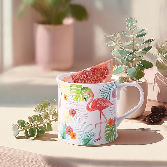 Flamingo Coffee Mug, Pink Flamingo & Tropical Plants Ceramic Mug, 12oz New Bone China Tea Mug, Birthday & Valentine’s Day Gift for Women & Girls, Designed in England by Harvest Green Studio