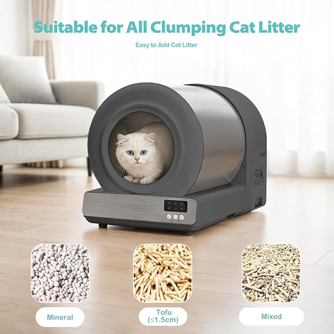 Stainless Steel Self-Cleaning Cat Litter Box, Smart APP Control Automatic Litter Box with Safety Sensors, Odor Control, Low-Entry, Large Capacity Design for Multiple Cats (Grey)