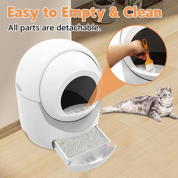 Smart Litter Box, Self-Cleaning for Multiple Cats with APP Control - Large Automatic Hooded Litter Tray, Hands-Free Cleaning for Cats Up to 22lbs, White Round Design