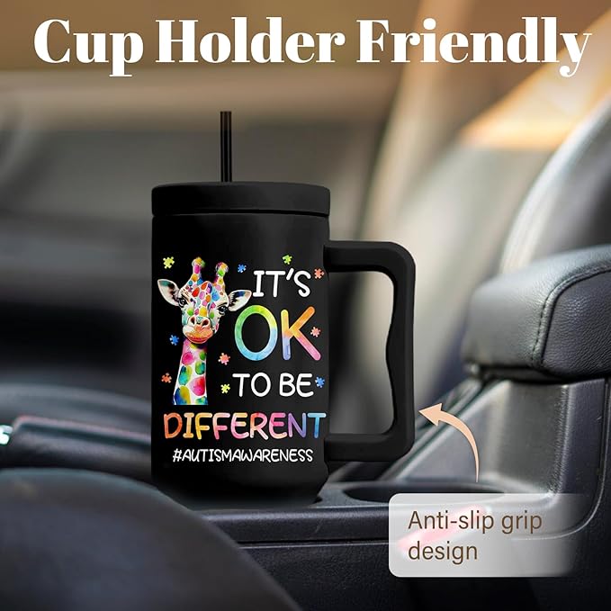 Autism Tumbler 40 Oz, Autism Awareness Tumbler With Handle, It's Ok to Be Different Giraffe Cup, Birthday Christmas Gifts For Autistic Person, Autismo Gift Black