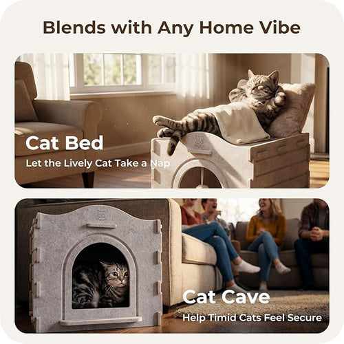 Apasiri Cat Bed Cave for Indoor Cats: New Felt Cat Bed with Fluffy Ball Hanging, Foldable Cat House with Scratch-Resistant Board, Hideaway Cat Cave for Timid Cats, Sturdy Two-Tier Cat Condo - Gray