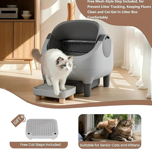 Automatic Litter Box with Raised Step, for Multiple Cats, Open Top Large Capacity Self Cleaning Litter Box, Safety Protection, Smart App Control, Odor-Free & Health Monitoring & Quiet Operation