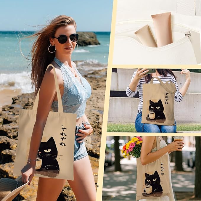 Hanamiya Na Tote Bag with Zipper Pockets, Tote Bag Reusable Shopping Grocery Bags Birthday Gifts for Women, Weekender Bags
