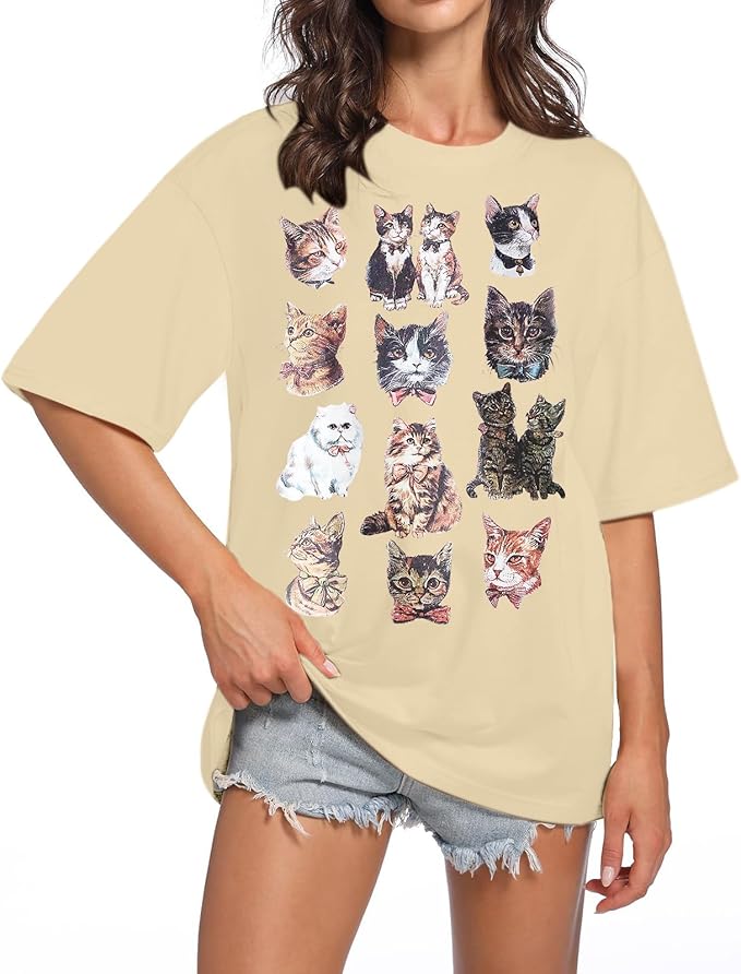 Oversized Cat Shirt Cute Graphic Tees for Women Y2k Funny Tshirts Baggy Aesthetic Shirts Cat Lover Gifts Kawaii Tops