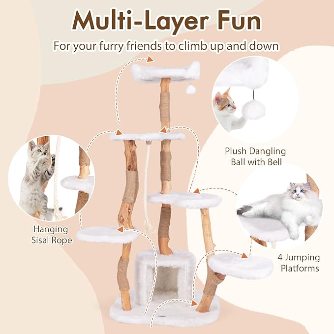 Tangkula Solid Wood Cat Tree, Modern Wooden Cat Tower with Jute Scratching Posts, Perch, Condo, Sisal Rope, Dangling Ball, Soft Long Plush, 66 Inch Tall Cat Tree Tower for Indoor Cats Large Adult