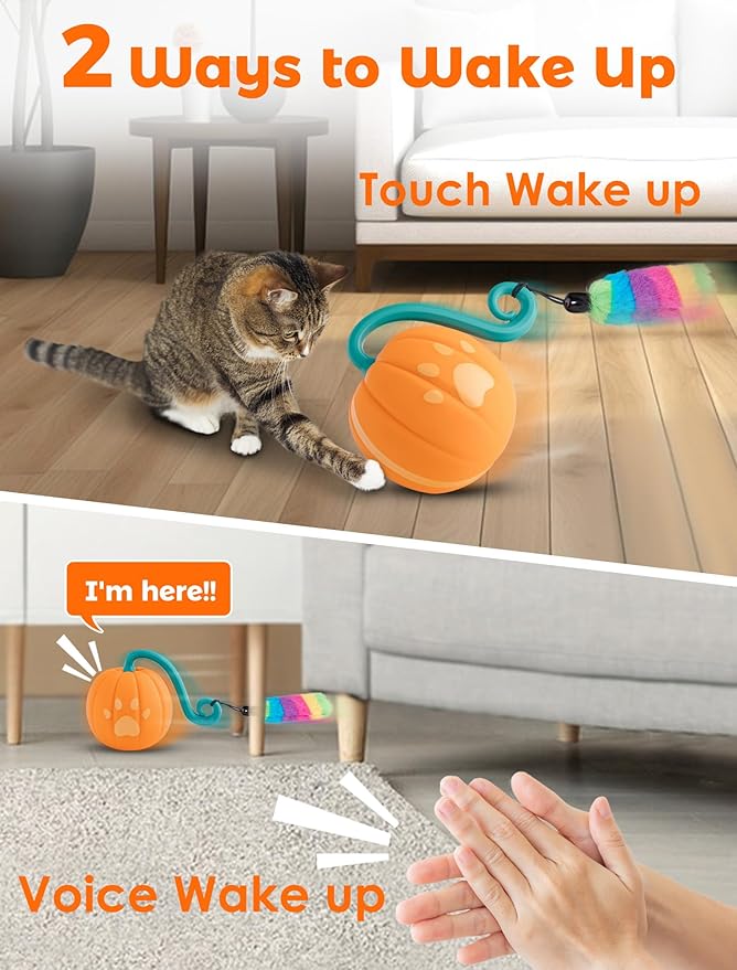 Interactive Cat Ball Toy for Bored Indoor Kitten, Automatic Moving Cat Ball with 4 Feather & LED Flash Lights, Smart Sound and Touch Control, USB-C Rechargeable