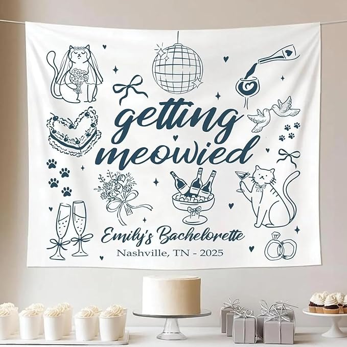 PHHUY Getting Meowied Cat Bachelorette Party Tapestry – Cute Kitty Wall Hanging for Bridal Shower, Whimsical Feline Decor for Girls Night, Funny Wedding Celebration Banner Backdrop for Bach Party