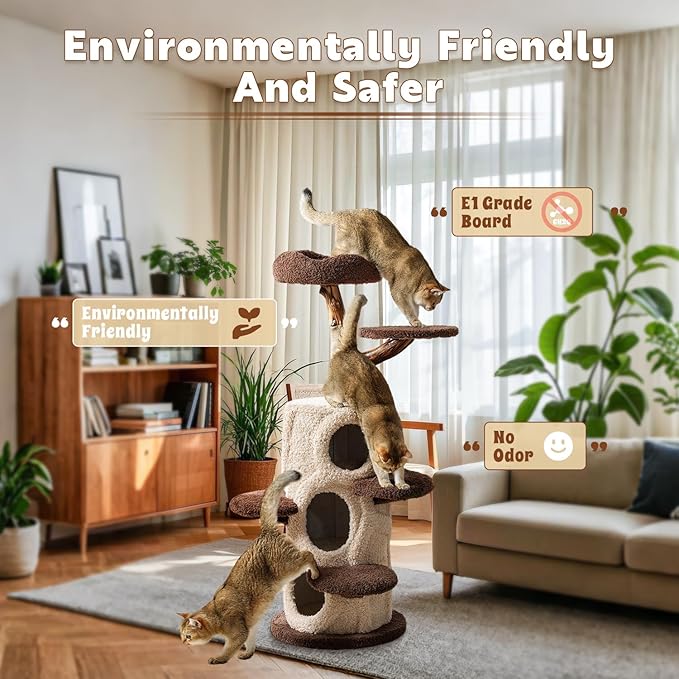 Modern Cat Tree for Indoor Cats,54.7'' Tall Luxury Treehouse Cat Tower with Wood Scratching Posts for Decoration,3 Level Condo with Soft Perchs,Viewing Bed,Heavy Duty Wide Base for Small Large Cats