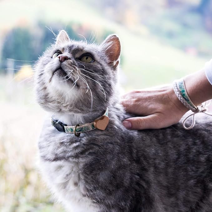 Pettsie Breakaway Cat Collar with Wooden Heart Charm & Matching Owner Bracelet – Soft Cotton, Adjustable Safety Collar for Cats, Lightweight & Stylish, 8"-11", Gift-Ready Set for Cat Lovers, Green