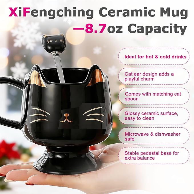 Christmas Mugs High-Footed Ceramic Cat Mug – 13.5oz Unique Coffee Cup with kitty Expression Design, Fun Gift for Women, Girls, Kids, Cat Lovers (black)