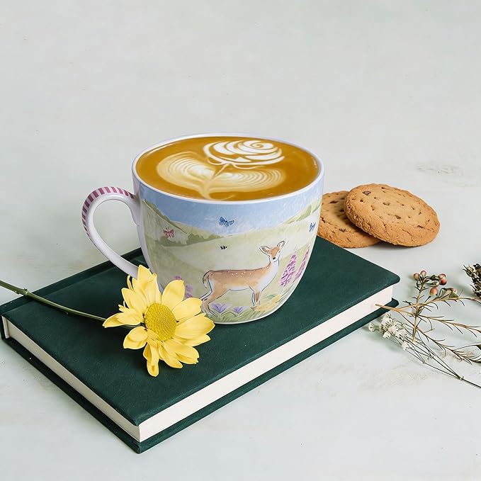 Spring Animals Mug - 20oz Bone China Coffee Tea Hug Mug with Deer, Rabbit, Butterfly & Wildflowers, Thoughtful Gifts for Mom Women Mothers Day, Designed in England by Harvest Green Studio