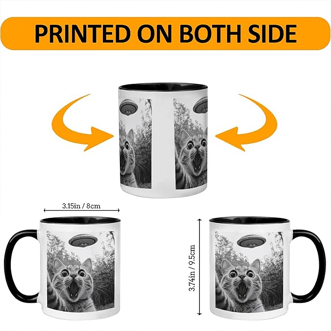 Funny Cat Selfie With UFO Alien Mug - Cat Lovers Gifts for Women, Men, Mom, Dad, Owner, Lady on Birthday, Halloween, Christmas - Humor Sarcastic Coffee Mug 11oz
