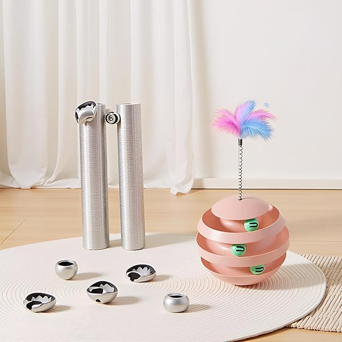 Cat Toys for Indoor Cats, Interactive Cat Toy Ball Track with Feather Sticks, 3 Spinning Balls, Wobble Rotating Tumbler Base for Bored Indoor Adult Cats to Play Alone, Reduce Anxiety (Pink).