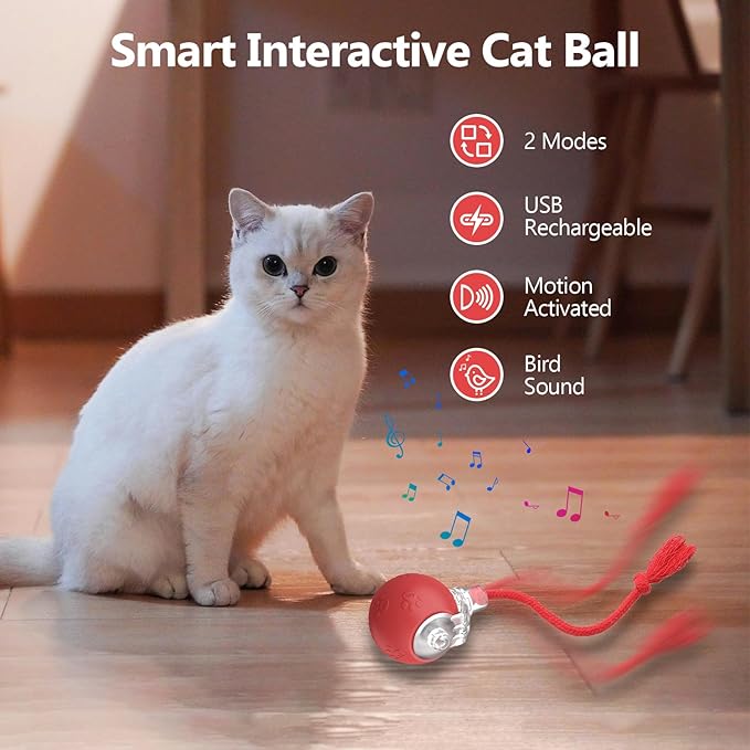 Interactive Cat Toys, Automatic Moving Cat Toys for Bored Indoor Adult Cats, Fast Rolling, Chirping & Motion-Activated Kitty Toys, Fun Gift for Cats with Speedy Tail 2.0, USB Rechargeable (Red)